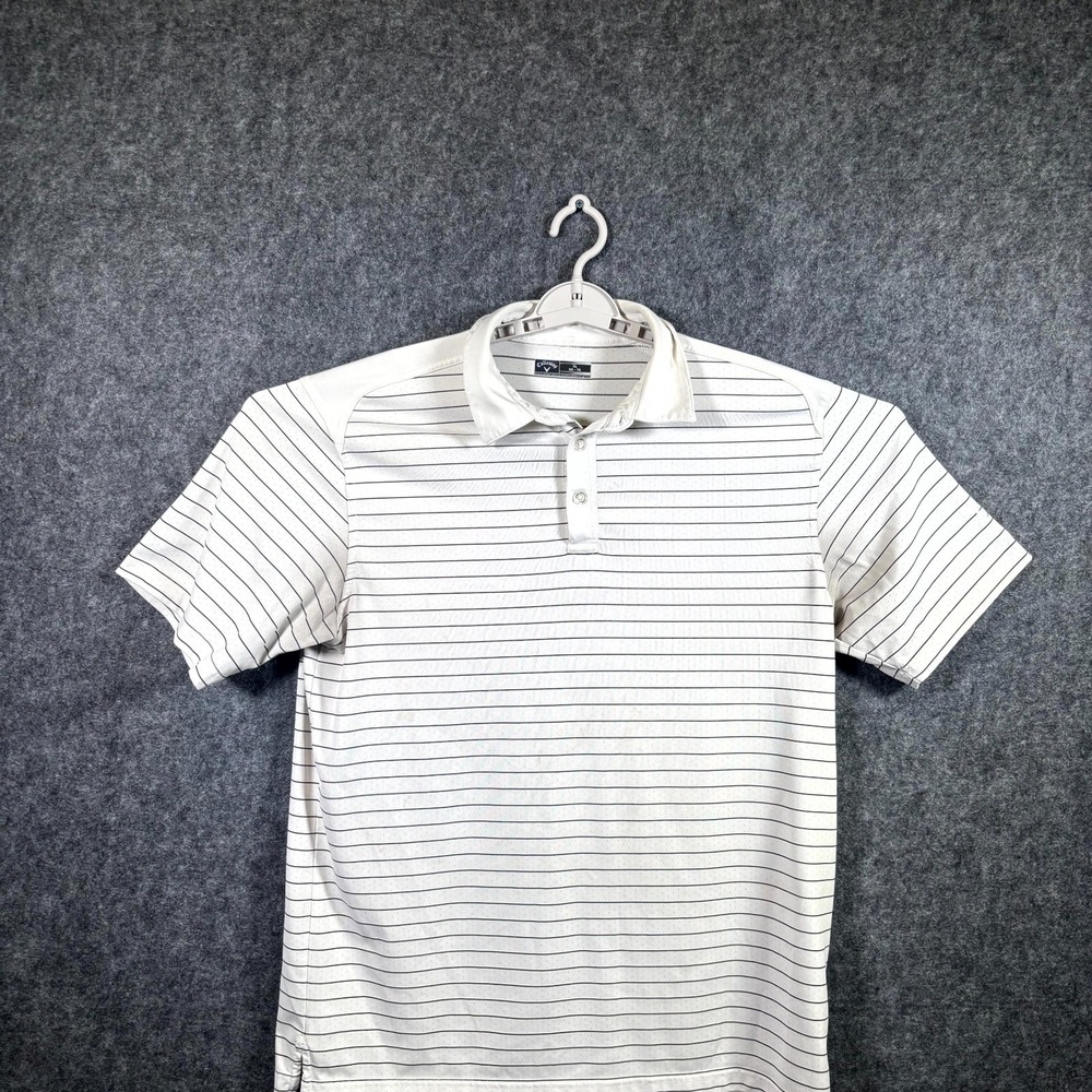 Callaway Polo Shirt Mens XL White Polyester Striped Golf Short Sleeve Running